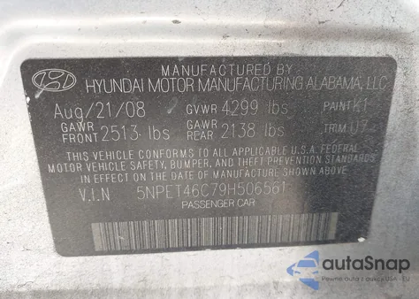 2009 Hyundai Sonata Gls z USA, uszkodzony, nr VIN 5NPET46C79H506561